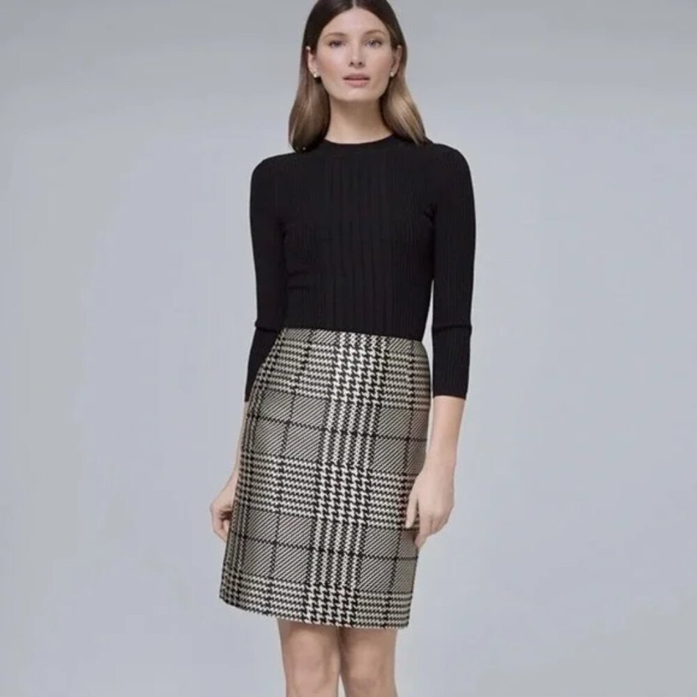 WHITE HOUSE BLACK MARKET Houndstooth Pencil Knee Black and White Skirt size 0 - Picture 5 of 5